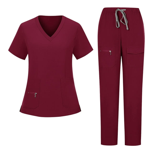 yoeyez Ensemble de Sarraus d'Infirmière pour Femmes Jogger, Haut de Sarrau Extensible à Encolure en V pour Femmes et Pantalon Jogger à Multiples Poches pour Tenue de Travail d'Infirmière Bourgogne