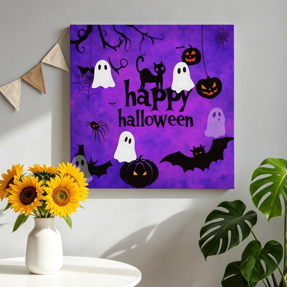 Happy Halloween Canvas Wall Art for Living Room, Spooky Cartoon Ghosts Pumpkins Bats Purple Poster Print Painting for Bedroom Office Home Decoration Wall Pictures Prepare To Hang 16"x16"