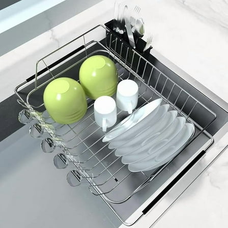 Expandable Stainless Steel Dish Drying Rack with Utensil Holder, Silver Kitchen Counter Drain Board