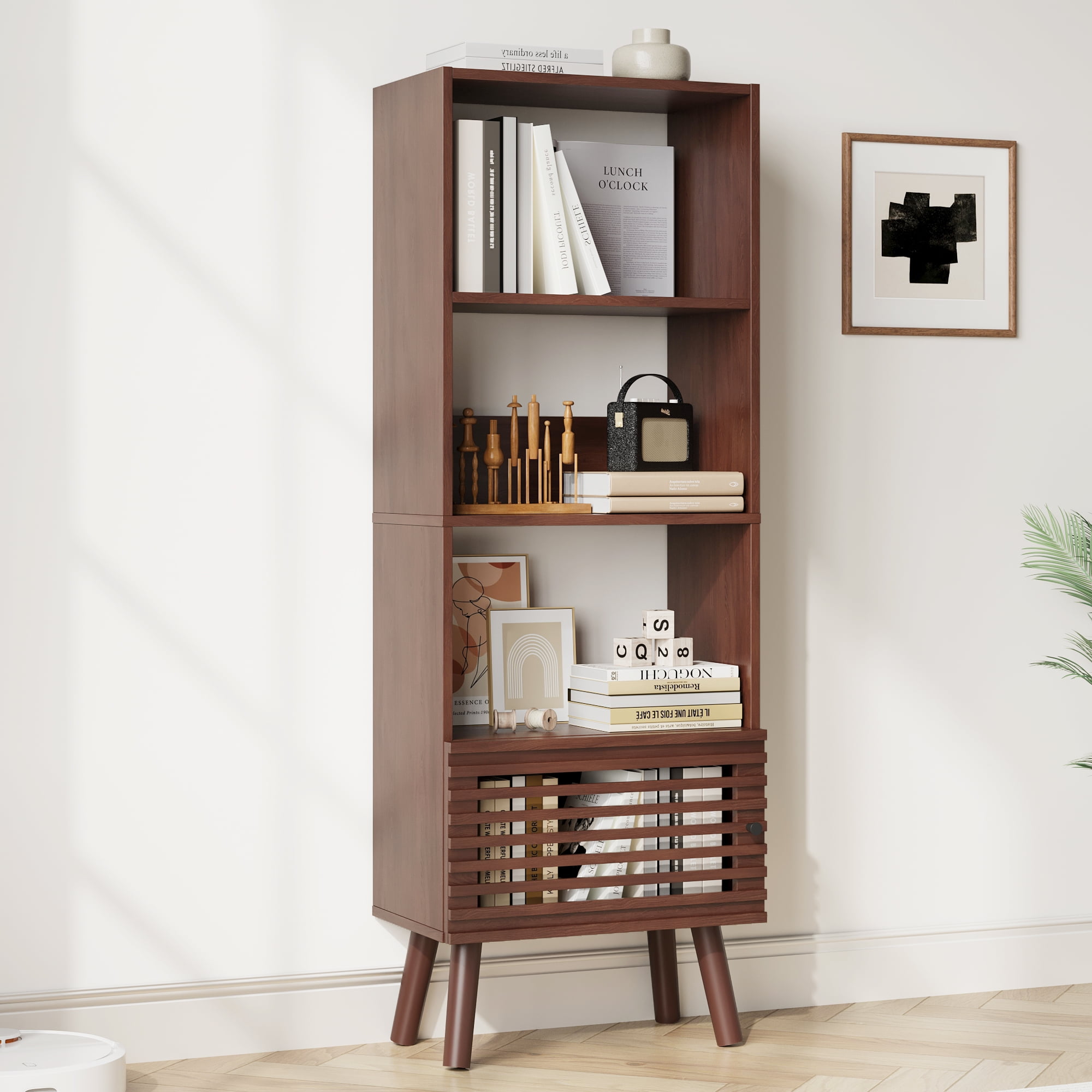Mid-Century Modern Bookshelf with Slatted Door, 55" H Small Narrow Corner Bookcase, 4 Cube Bookcase with Open Shelf, Display Storage Cabinet for Living Room, Home Office, Walnut
