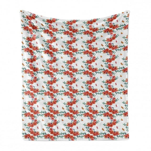 Floral Soft Flannel Fleece Throw Blanket, Vertically Flowing Spring Tones Watercolor Style Like Painted Flowers, Cozy Plush for Indoor and Outdoor Use, 50" x 70", Salmon White and Green, by Ambesonne