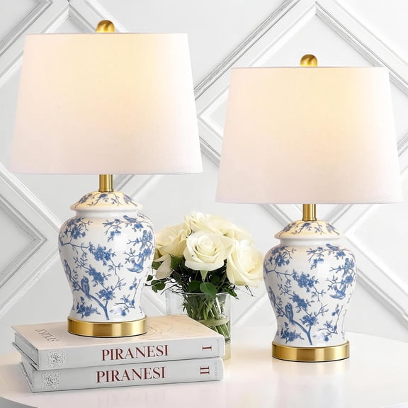 22in Chinoiserie Ceramic Table Lamps Set of 2, Large Blue and White Table Lamp for Bedroom Cottage, Gold