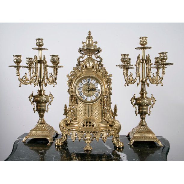 Solid Brass Baroque Mantel Clock & Candelabra Set Made in Italy