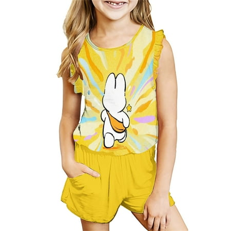 

Atogsazn Girl s Summer Print Set Kids Sleeveless Ruffled Tank Top and Shorts Set Children s Clothes Outfit B-Yellow 9-10 Years on Clearance