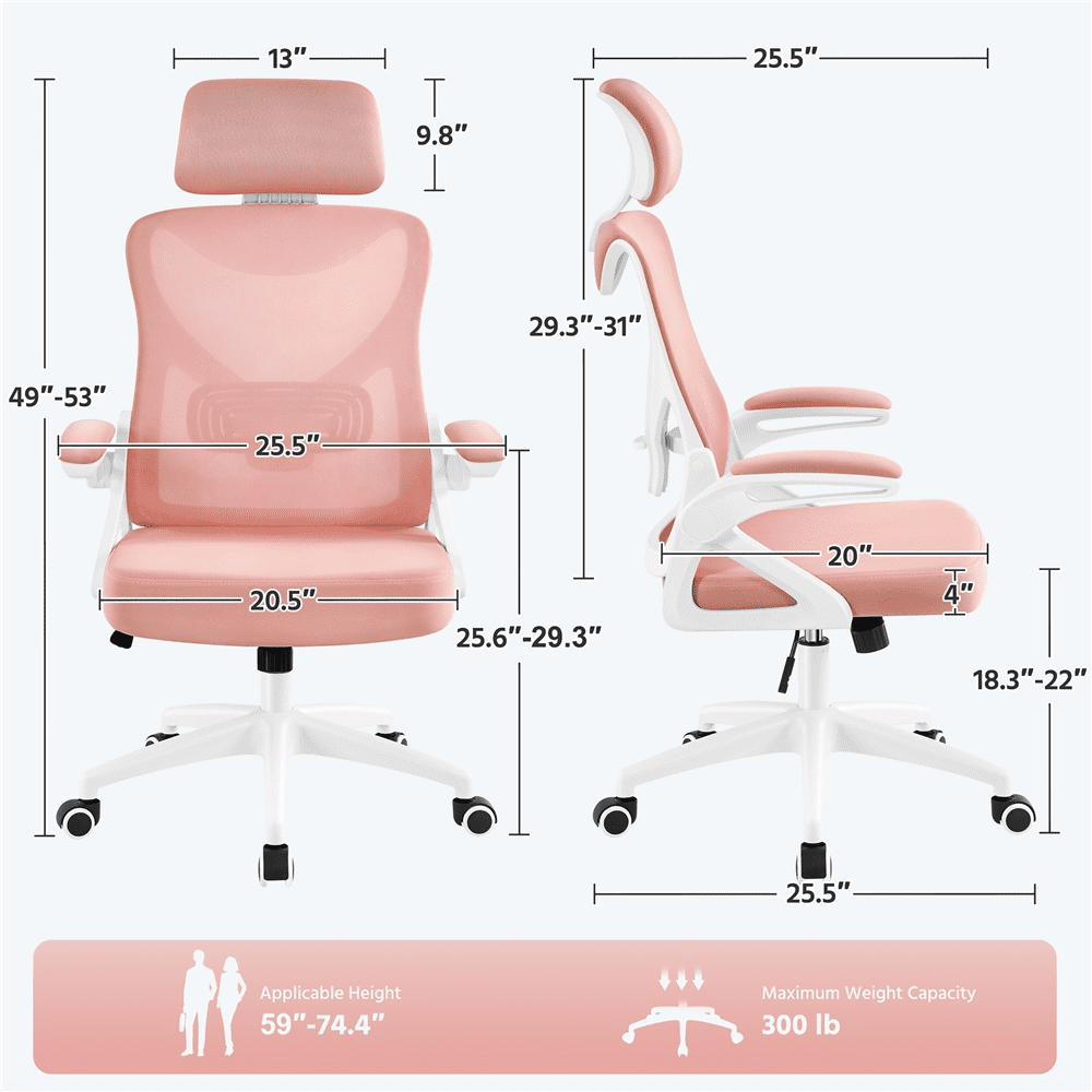 Alden Design Mesh Office Chair with Adjustable Padded Headrest Adult, White/Pink
