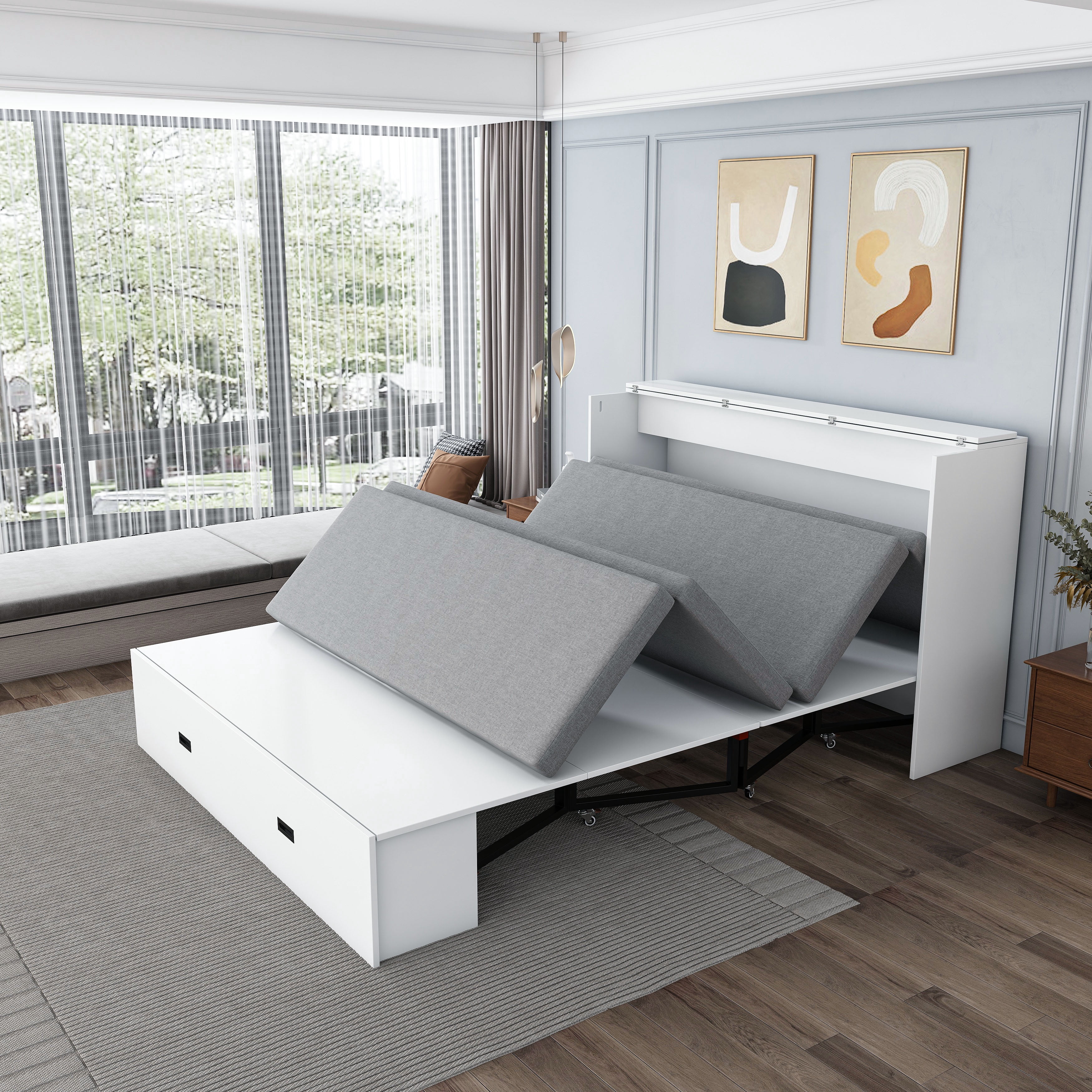 Yoneston Full Size Murphy Bed with Mattress & Charging Station, Cabinet Bed with Storage Drawers for Bedroom Guest Room Living Room, White