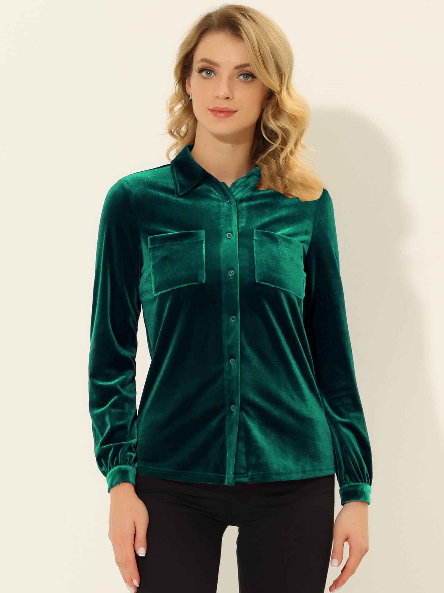 DARING DIVA Women's Office Pocket Front Long Sleeve Button Down Velvet Shirt S Dark Green