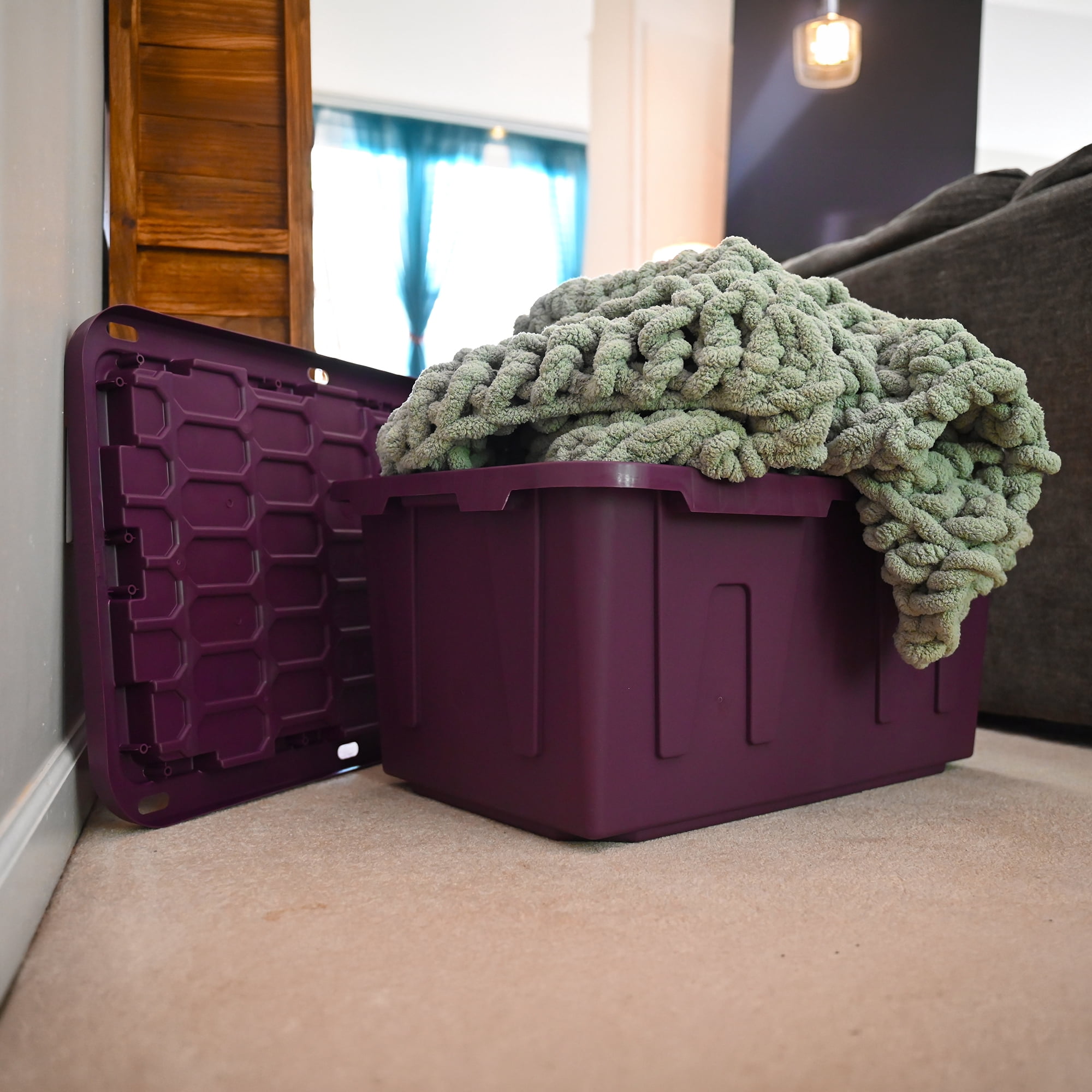 Sort & Style 27 Gallon Large Storage Bin with Snap Lid, Italian Plum Purple, 4 Pack, Heavy Duty Plastic Storage Container