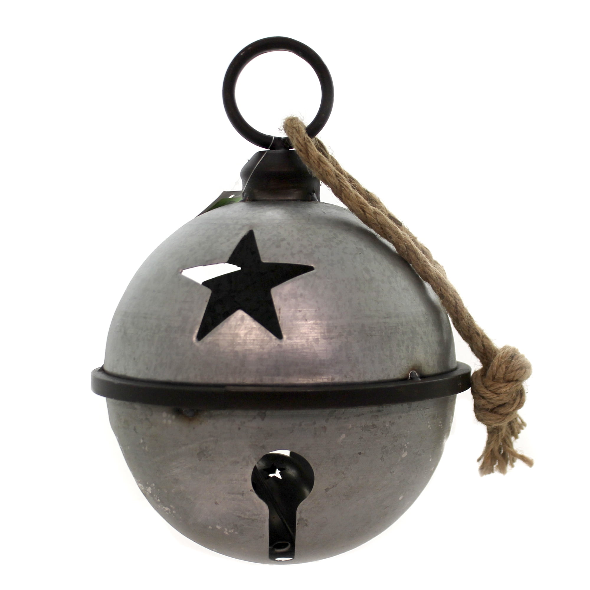 Christmas JINGLE BELL WITH ROPE SILVER LG Metal Galvanized Star Cha422