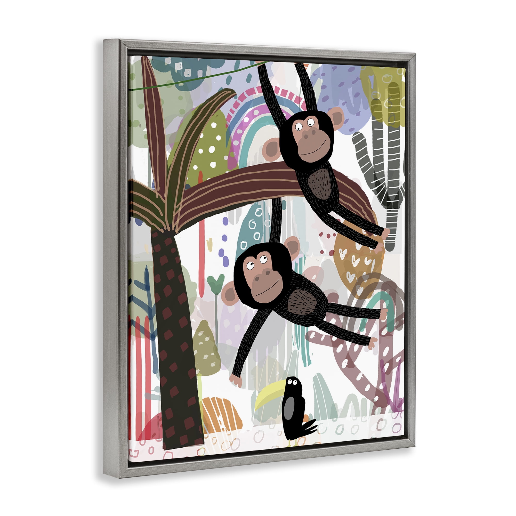 Exotic Monkey & Toucan Gray Framed Floater Canvas Wall Art, design by Carla Daly