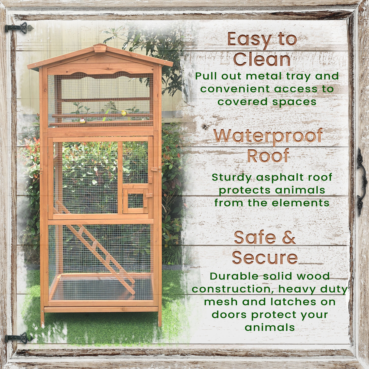 Hanover Outdoor Wooden Bird Cage with 3 Resting Bars, Ladder, Waterproof Roof and Removable Tray, 2.9 Ft. x 2.1 Ft. x 5.8 Ft. - image 2 of 12