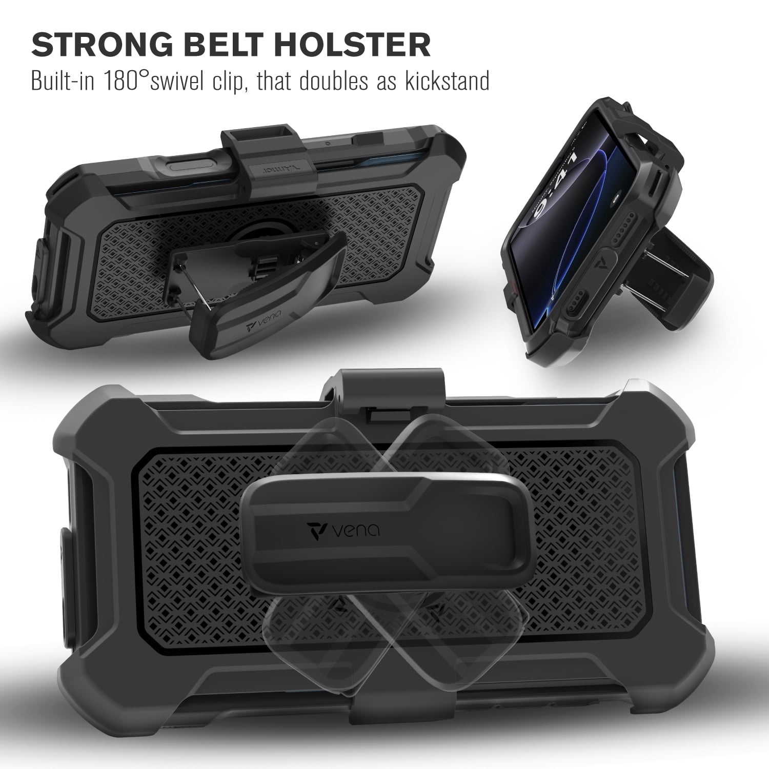 VENA vArmor Rugged Case for Apple iPhone 16 Pro Max (6.9"), (Military Grade Drop Protection) Magsafe Compatible and Heavy Duty Holster Belt Clip Cover with KickStand - Slate Blue / Black