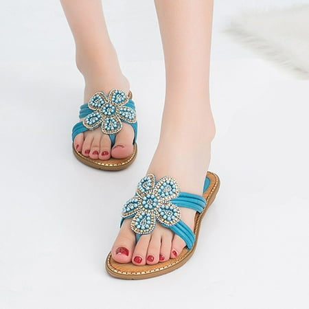 

〖Yilirongyumm〗 Blue 38 Sandals Women Sandals Wedge Shoes Pearl Women s Fashion Sole Toe Rhinestone Round Soft Fowers Women s Sandals