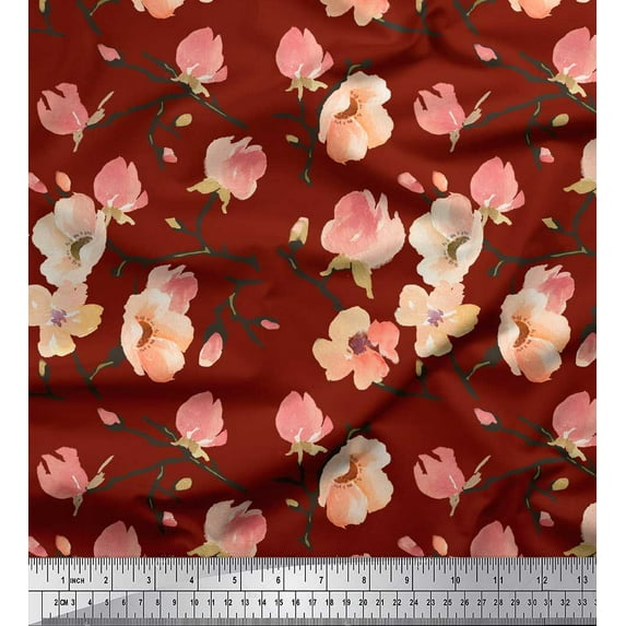 Soimoi Red Silk Fabric Peach Flower Watercolor Print Fabric by The Yard 44 Inch Wide