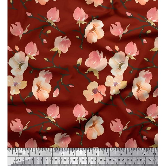 Soimoi Red Cotton Duck Fabric Peach Flower Watercolor Print Fabric by Yard 44 Inch Wide