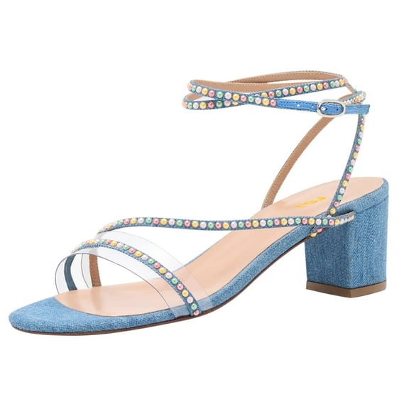 FSJ Women Chic Round Open Toe Strappy Sandals Chunky Block Heel Cross Strap Studded Rhinestones Pumps Party Date Work Shoes Size 8 Blue