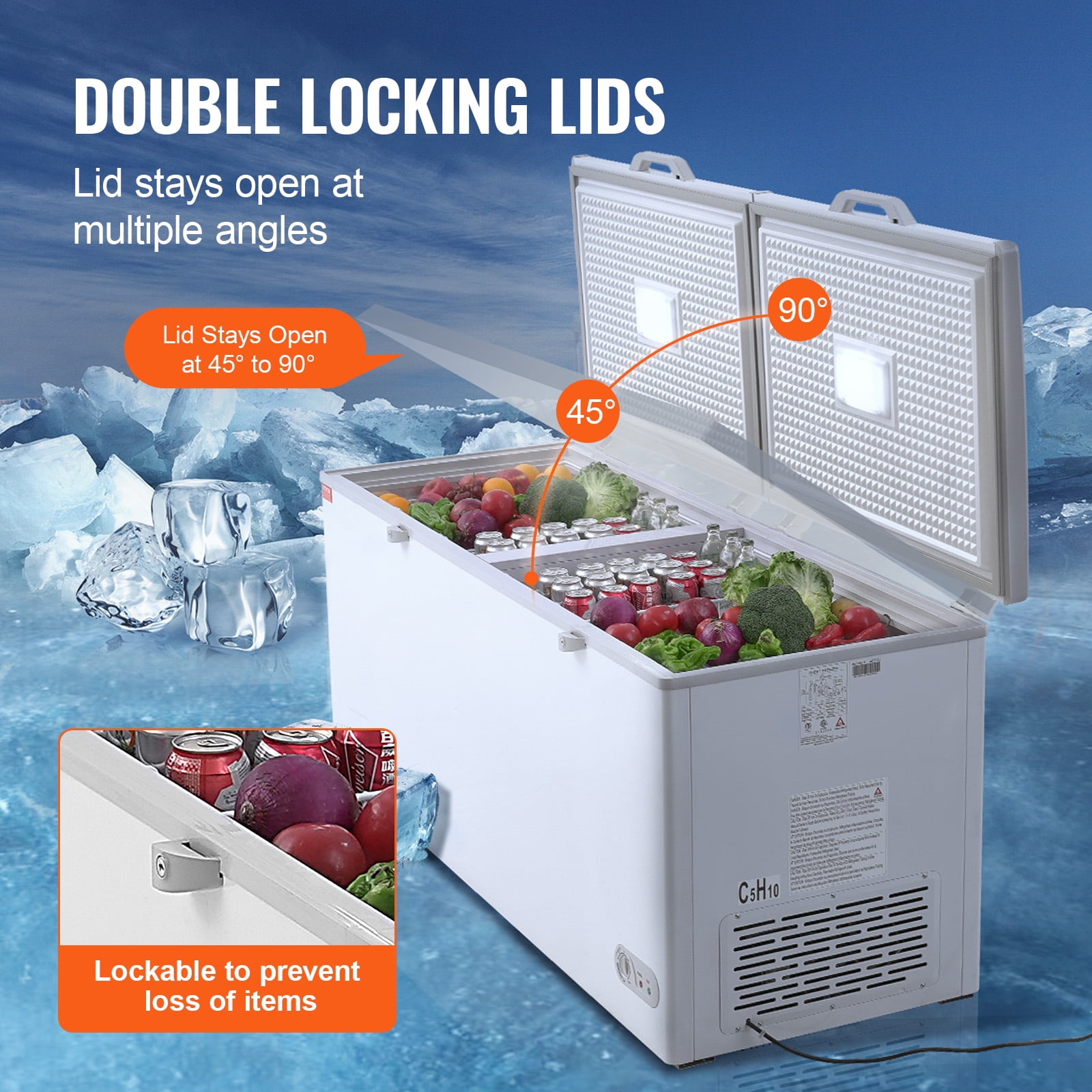 VEVOR Chest Freezer, 19.8 Cu.ft / 561 L Large Deep Freezer with Split Top Double Locking Lids,Freestanding Commercial Chest Freezer & 4 Removable Baskets,7-Level Adjustable Temp,LED Light,6 Wheels