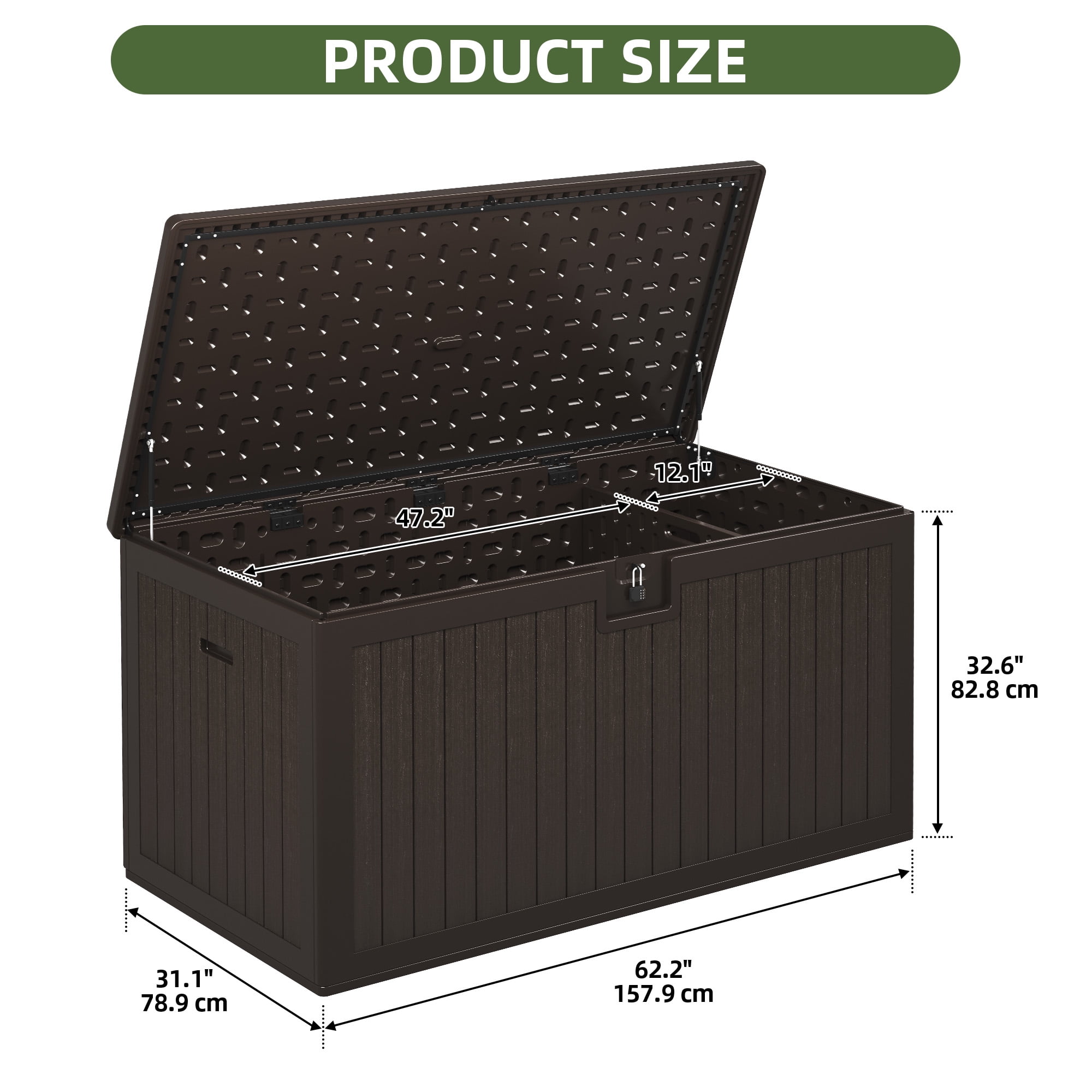 Uforic 230 Gallon Large Deck Box, Outdoor Weatherproof Resin Storage Box with Flexible Divider, Waterproof & Lockable, Brown