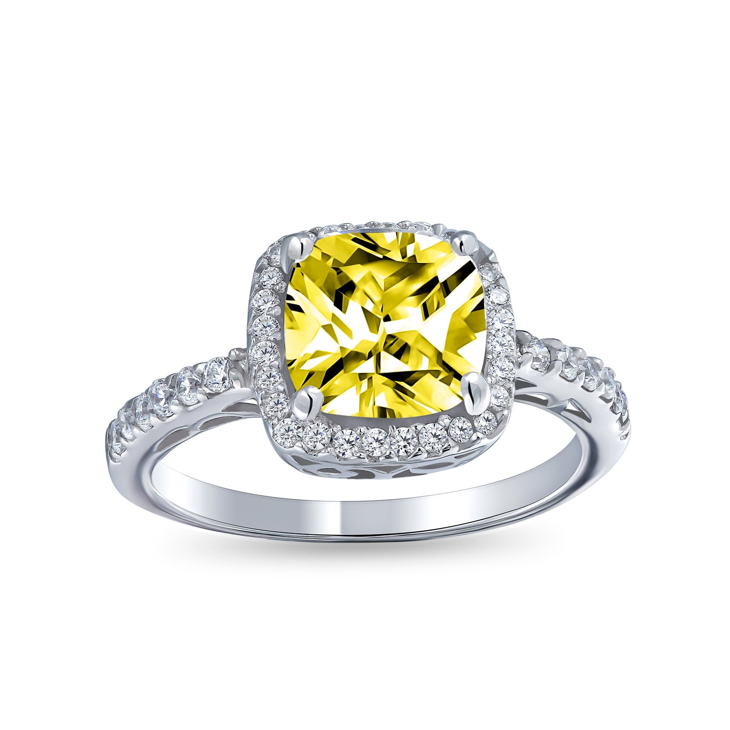 Bridal Wedding Unique 3CT CZ Canary Yellow Square AAA Cubic Zirconia Solitaire Brilliant Princess Cut Trillion Side Stones Engagement Ring .925 Sterling Silver For Women 