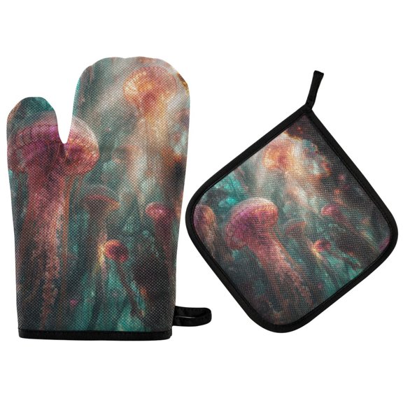Yayeee Oven Mitts and Pot Holder Set of 2 Heat Resistant Kitchen Gloves Baking Hot Pad, Psychedelic Forest
