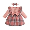 thumbnail image 3 of Umfun Girls Plaid Ruffled Sleeve Dress with Bow Headband - Button Front Crewneck A-Line Mini Dress Cute Fall Winter Party Outfit for Toddlers and Little Girls, 3 of 9