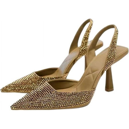 

Women s Glitter Rhinestone Slingback Pumps Closed Toe Costumes Stiletto Heels Dress Shoes for Work and Party
