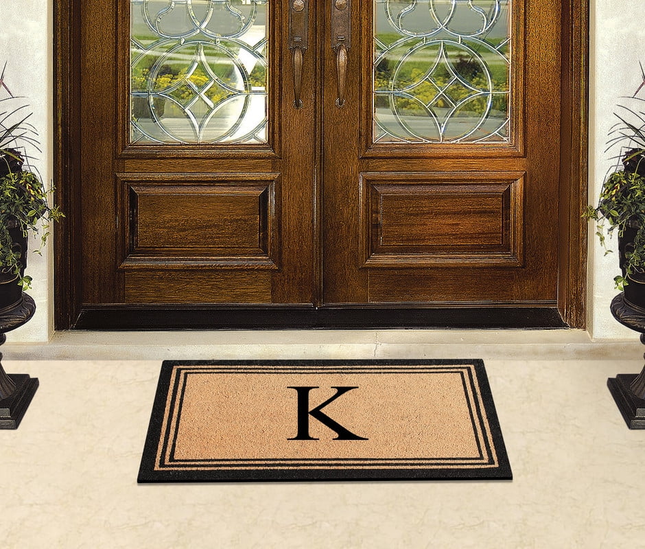 A1HC Black/Beige 24 in x 39 in Front Door Mat Coir PVC Classic Border Entryway Mat Heavy Duty Boot Scrapper Monogrammed Doormat