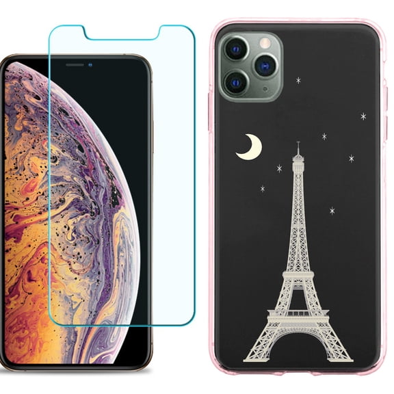 For Apple iPhone 11 Pro Max Case , Slim-Fit TPU Protective Phone Case (Pink Bezel) with Tempered Glass Screen Protector, by OneToughShield ® - Eiffel Tower Moon