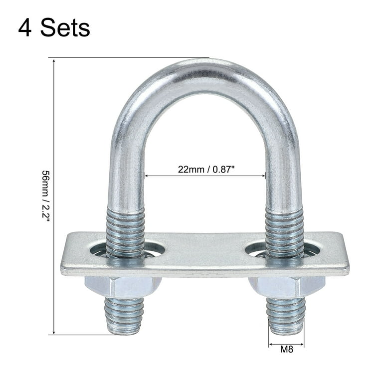 Uxcell 4-Pack Steel U-Bolts - M8 Thread 22mm Inner Width With Nuts & Plates