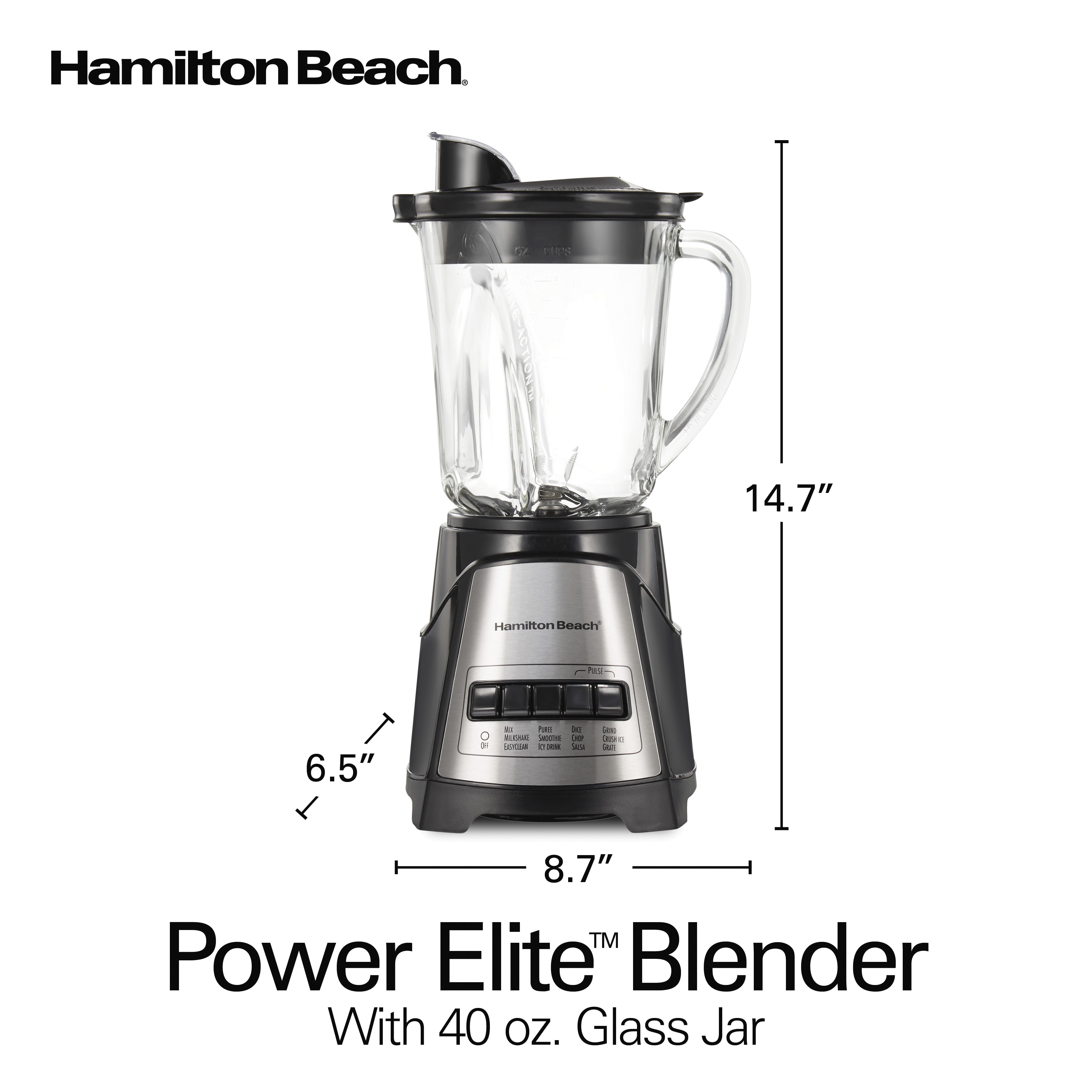 Hamilton Beach Power Elite Multi-Function Blender with Mess Free 40 oz.  Glass Jar, 700 Watts, Black, 58148