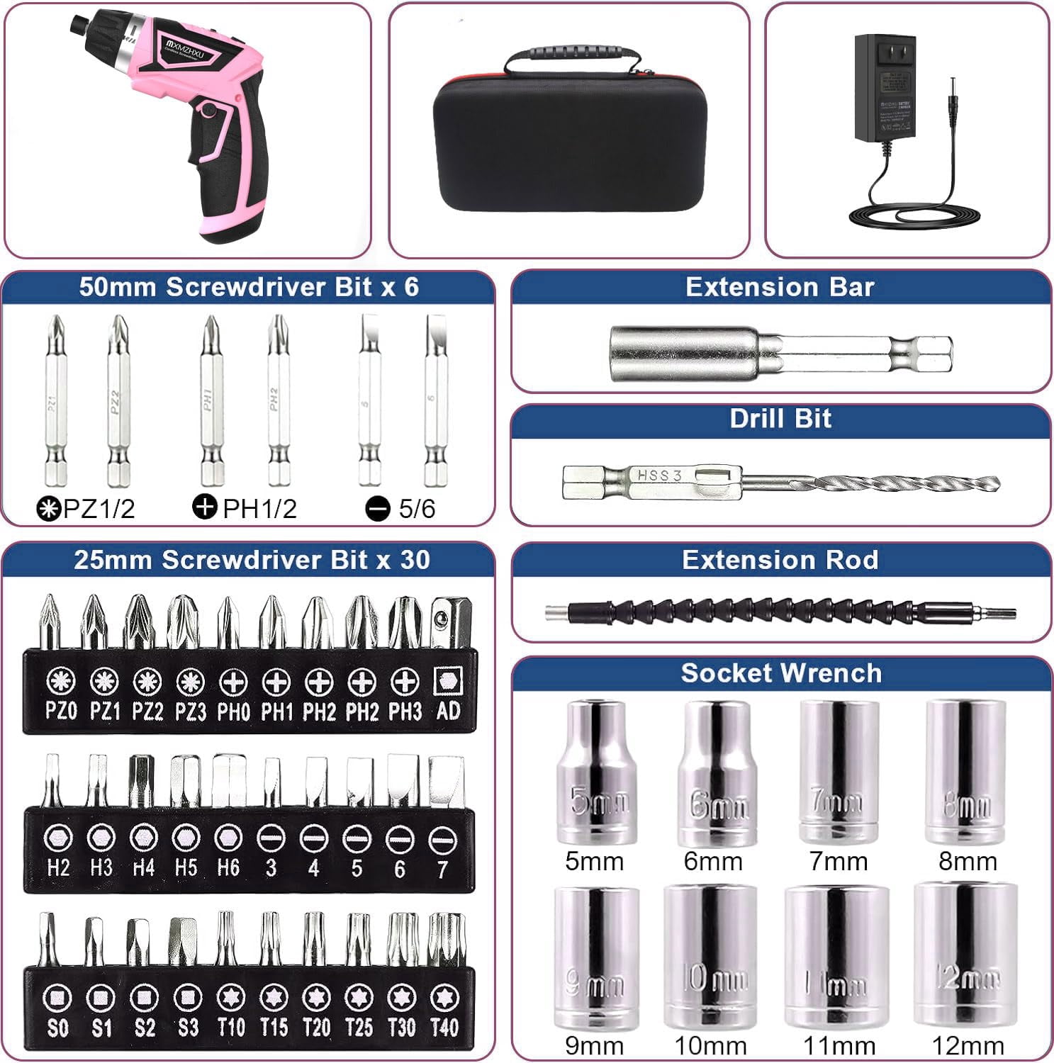 Cordless Screwdriver, 47 in 1 Rechargeable Electric Screwdriver with LED Light, 8V Rechargeable Screw Gun, 5.5 N.m Drill Drivers Ideal for Furniture Assembly, Home DIY Projects (Pink)