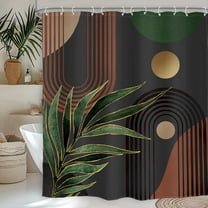 Dark Green Brown Boho Shower Curtain Mid Century Retro Tropical Leaves Modern Geometric Bathroom Minimalist Arch Sun 72Wx84L Inches Bath Accessories Art Home Decor Fabric 12 Pack Hooks