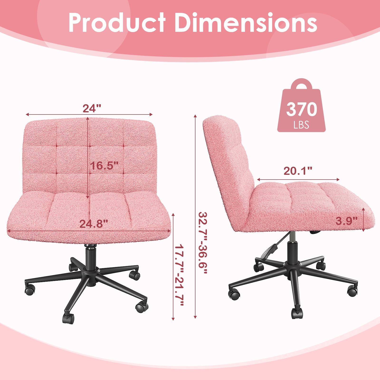 Pirecart Swivel Criss Cross Legged Office Chair, Armless Desk Chair with Wheels, Height Adjustable Vanity Chair with Comfy Cushion for Office, Vanity, Bedroom, Sherpa Fleece, Pink