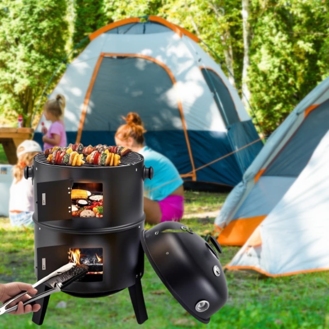 YDLW 3-in-1 Vertical Charcoal Smoker Portable BBQ Smoker Grill with Detachable 2 Layer,Black