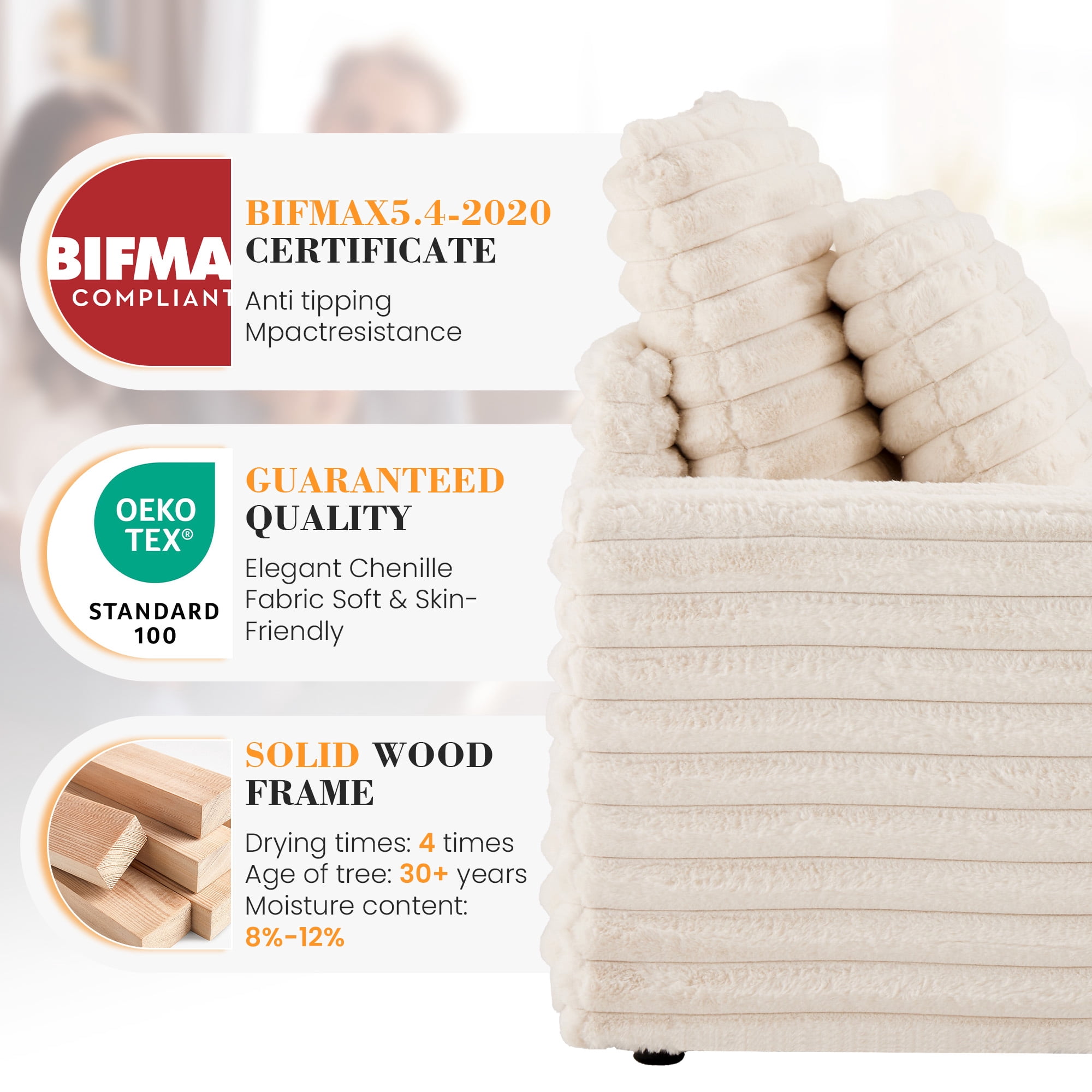 Gelloan Oversized Chaise Lounge Chair Indoor, Upholstered Sofa Bed with Throw Pillows and Armrests, Sleeper Chair for Living Room, Bedroom,White,Corduroy