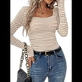 thumbnail image 2 of Camiseta de Punto Gofre A Rayas para Mujer, Cuello Cuadrado, Larga, Fruncida, Corte Ajustado, para Otoño. Albaricoque S, 2 of 10