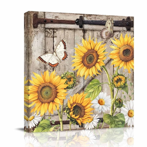 Sunflower Canvas Wall Art for Living Room, Farmhouse Barn Door White Yellow Flower Leaf Butterfly Poster Print Painting for Bedroom Office Home Decoration Wall Pictures Prepare To Hang 10"x10"
