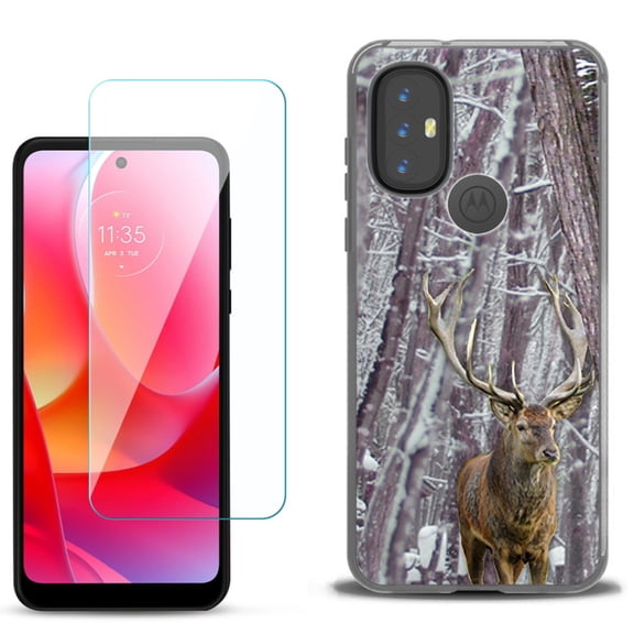 Slim-Fit Gel TPU Phone Case for Motorola Moto G Power 2022, with Tempered Glass Screen Protector, by OneToughShield ® - Deer/Snow/Camo