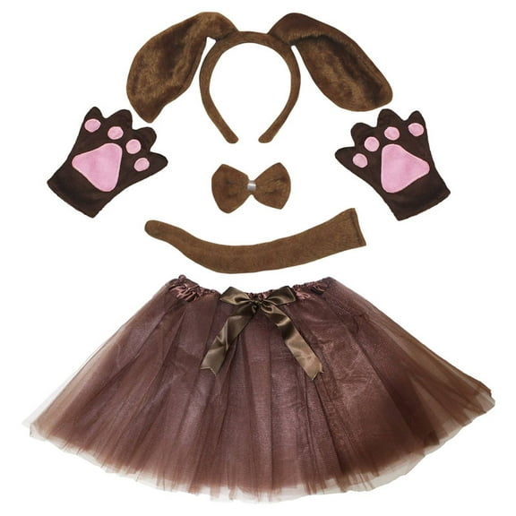 Petitebelle Long Ear Dog Headband Bowtie Tail Gloves Tutu 5pc Costume (Brown, 5-10 Years)