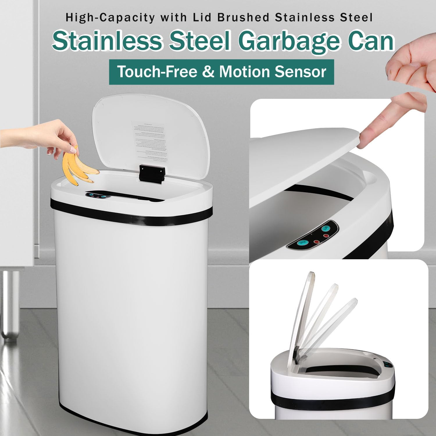 13-Gallon Kitchen Trash Can White Stainless Steel Garbage Can Automatic Touch Free Garbage Bin Motion Sensor Trash Can with Lid Metal Waste Bin for Living Room, Kitchen, Bathroom, Office