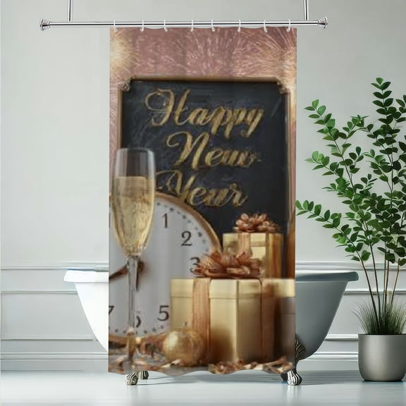 RKSupls New Year Shower Curtain, Happy New Year Celebration Scene Shower Curtain with Hooks for Christmas Home Bathroom Decor Washable Curtains, 36x72 in