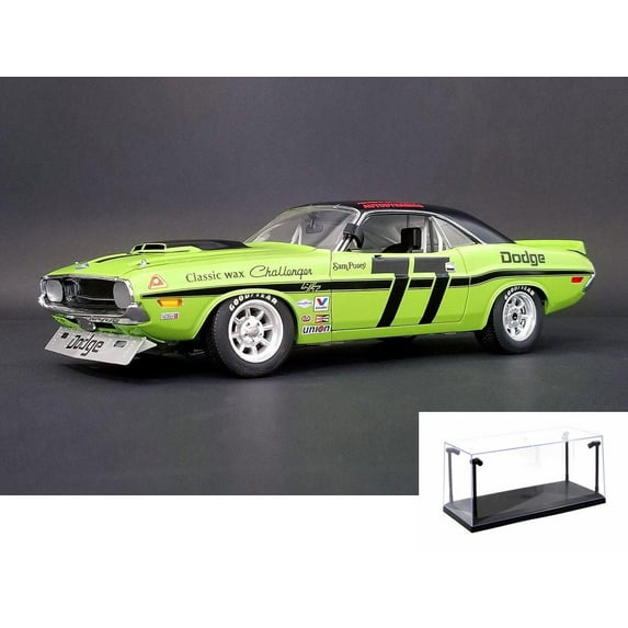 Diecast Car & LED Display Case Package - 1970 Dodge Sam Posey Challenger Trans Am, Lime Green - ACME 1806001 - 1/18 Scale Diecast Model Toy Car w/LED Display Case