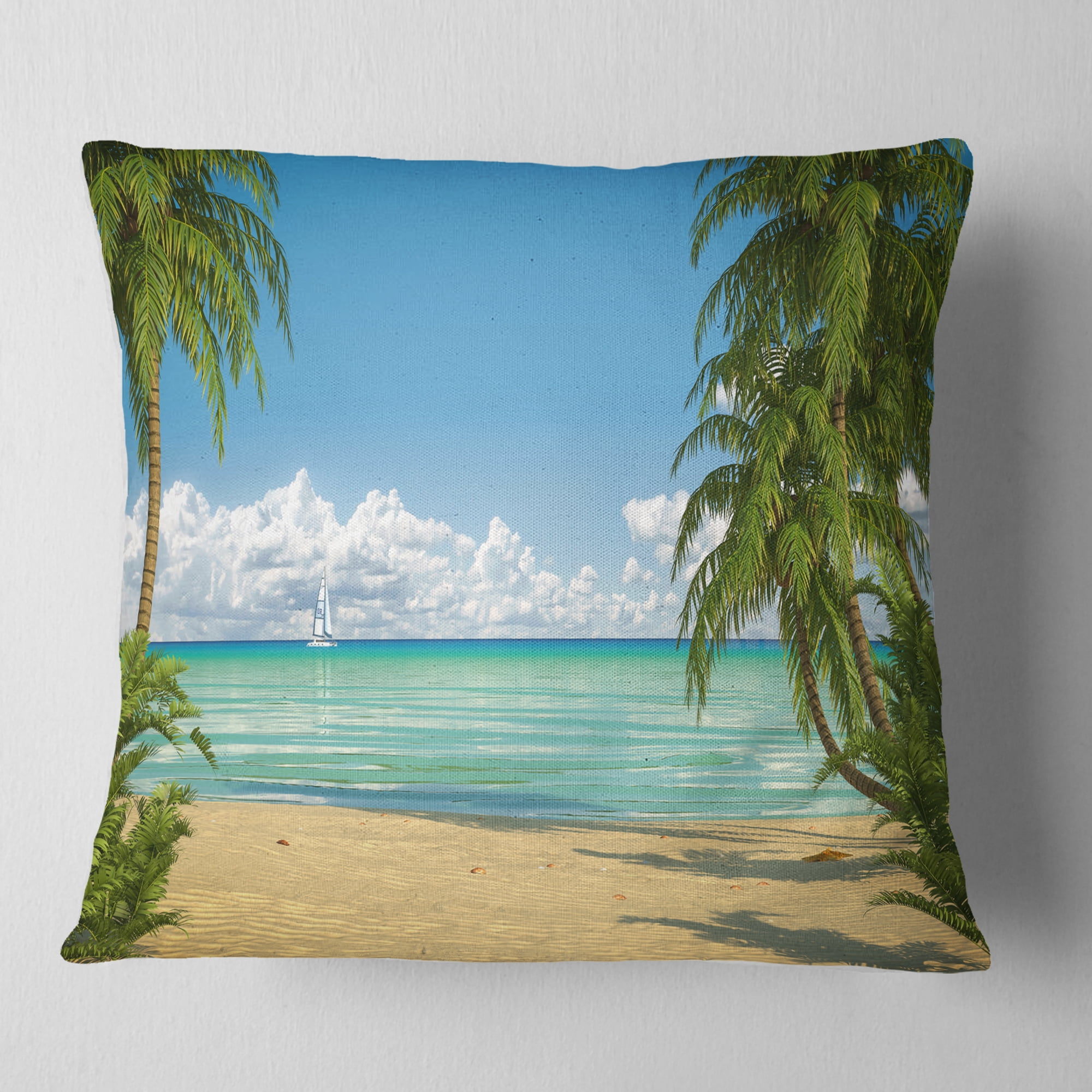 Designart Palms at Caribbean Beach - Seashore Photo Throw Pillow - 18x18