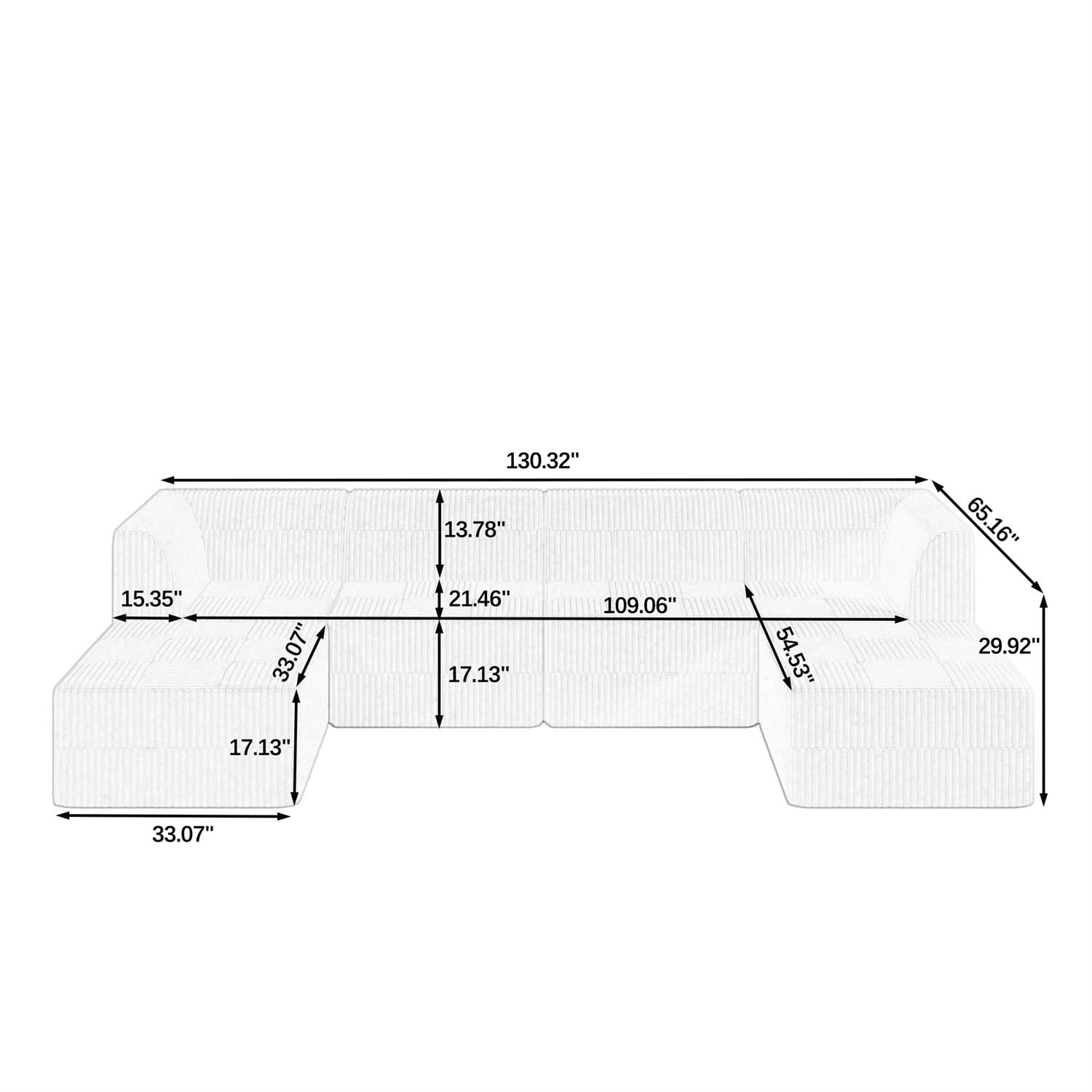Demi Bonn 130" U-Shaped Modular Sectional Sofa, Modern Minimalist Style DIY Compressed Corduroy Couch for Living Room & Bedroom, Gray