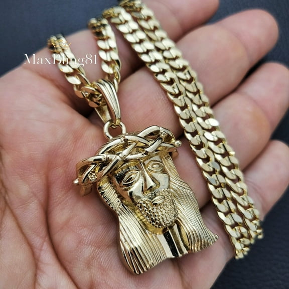 Hip Hop No Stone Brass Jesus Head Pendant & 6mm 24" Cuban Chain Necklace