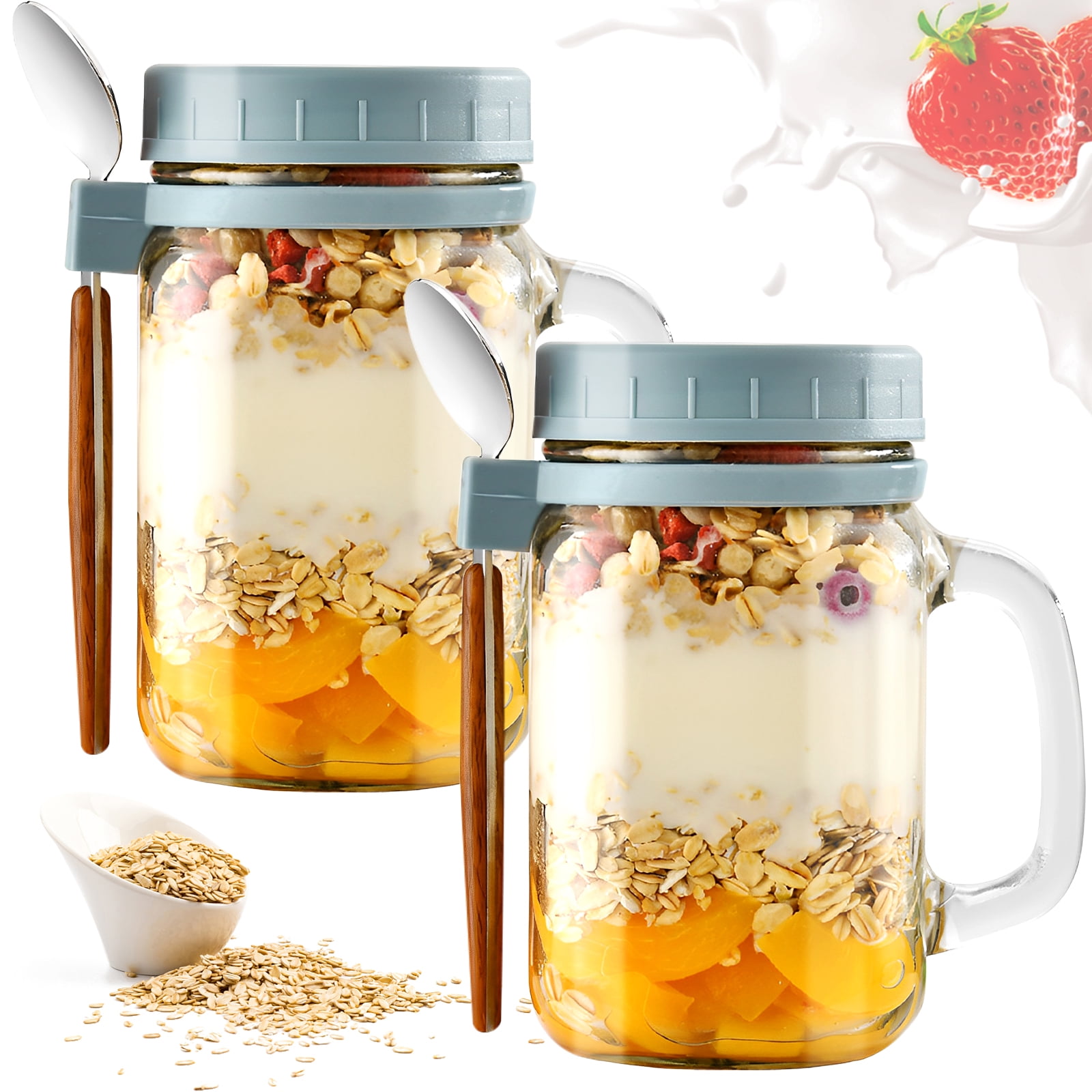 Kyoffiie 2PCS 16oz Overnight Oats Container Airtight Glass Oatmeal Jars ...