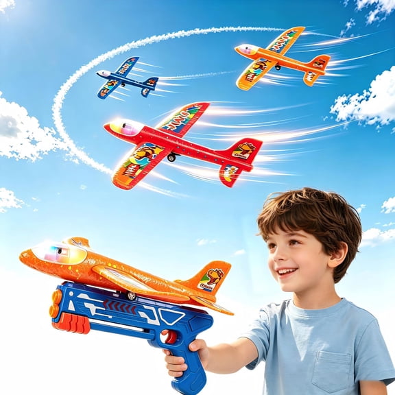 Petbank Airplane Launcher Toys, 3 Pack Flying Airplane Toys with Launcher, LED Light Foam Flying Glider Plane with Sticker, Outdoor Plane Toys for Boy Girl 3