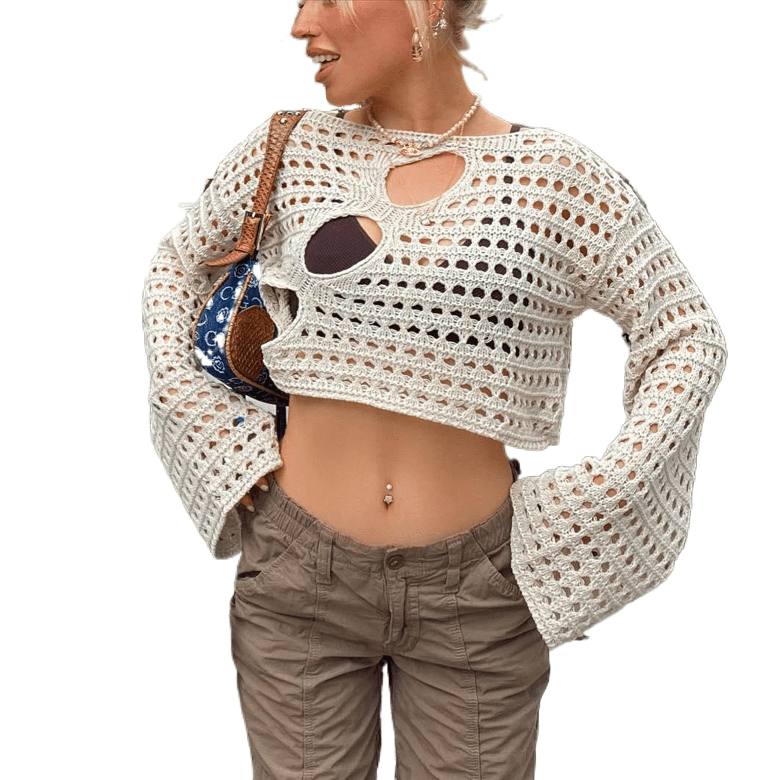 Women Crochet Crop Top Long Sleeve Square Neck Hollow Out Knit Pullover  Blouse Tops Harajuku Streetwear