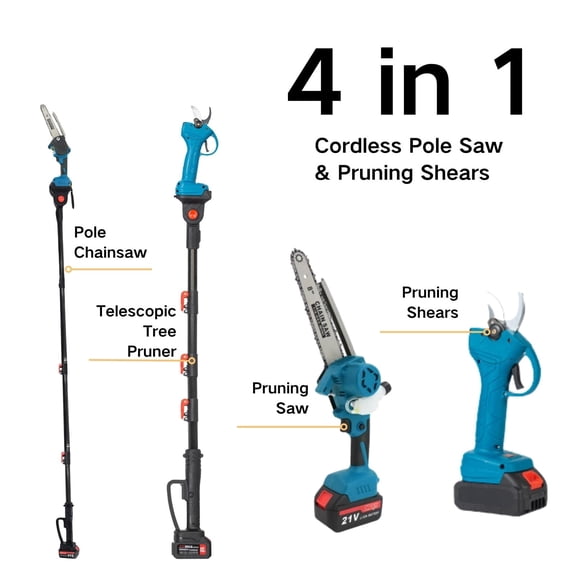 SUSUZI 4-in-1 Electric Pole Saw & Pruning Shears, Cordless 15ft Reach 8 Inch Brushless Chainsaw Pruner, Battery Powered Brushless Pole Chainsaw for Tree Trimming