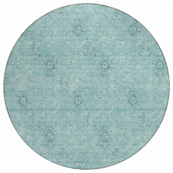 HomeRoots 587028 8 ft. Round Floral Washable Indoor & Outdoor Area Rug, Teal Blue & Ivory